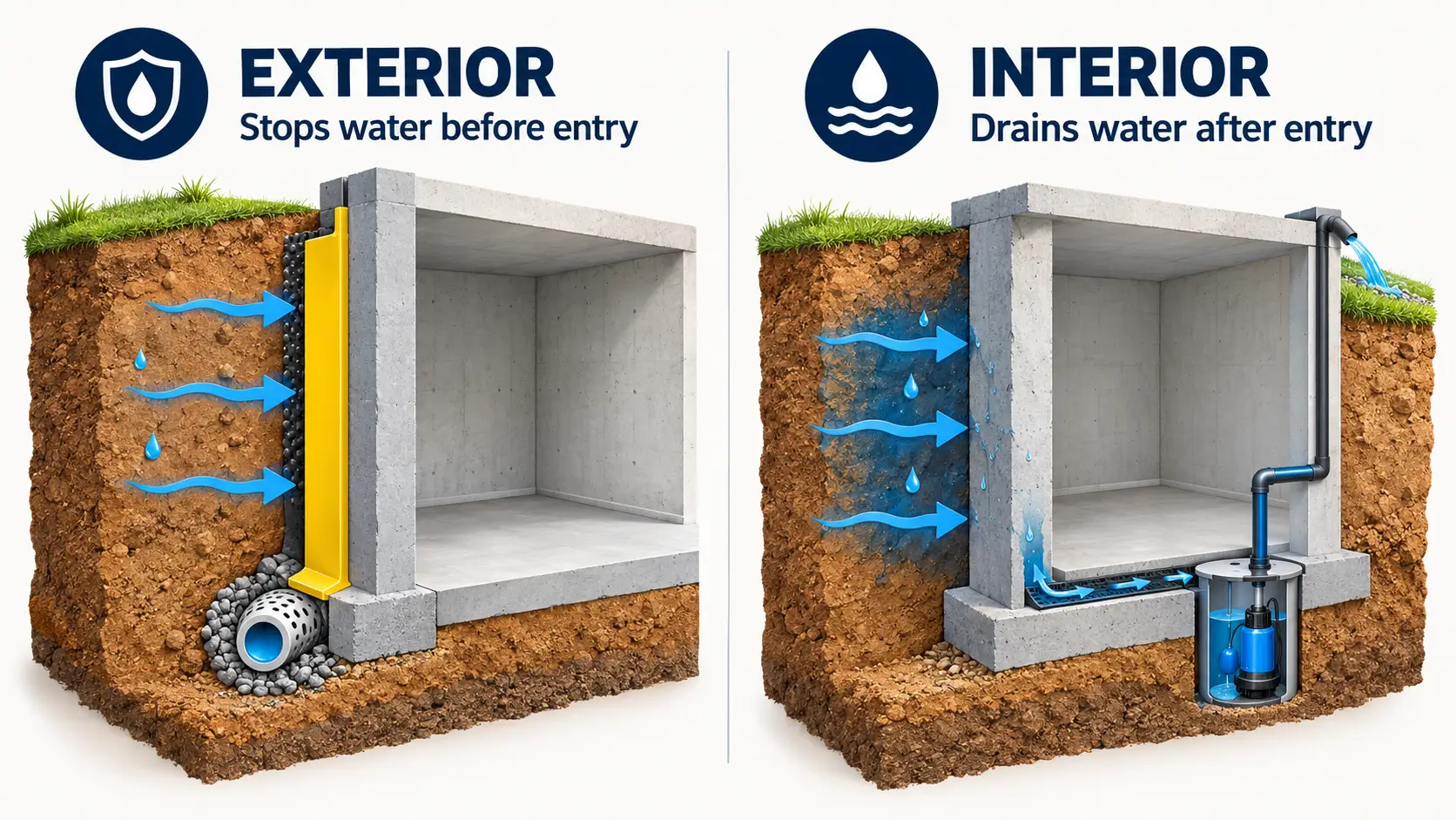 Side-by-side diagram comparing exterior waterproofing with a membrane and footing drain tile to interior waterproofing with a floor drain and sump pump