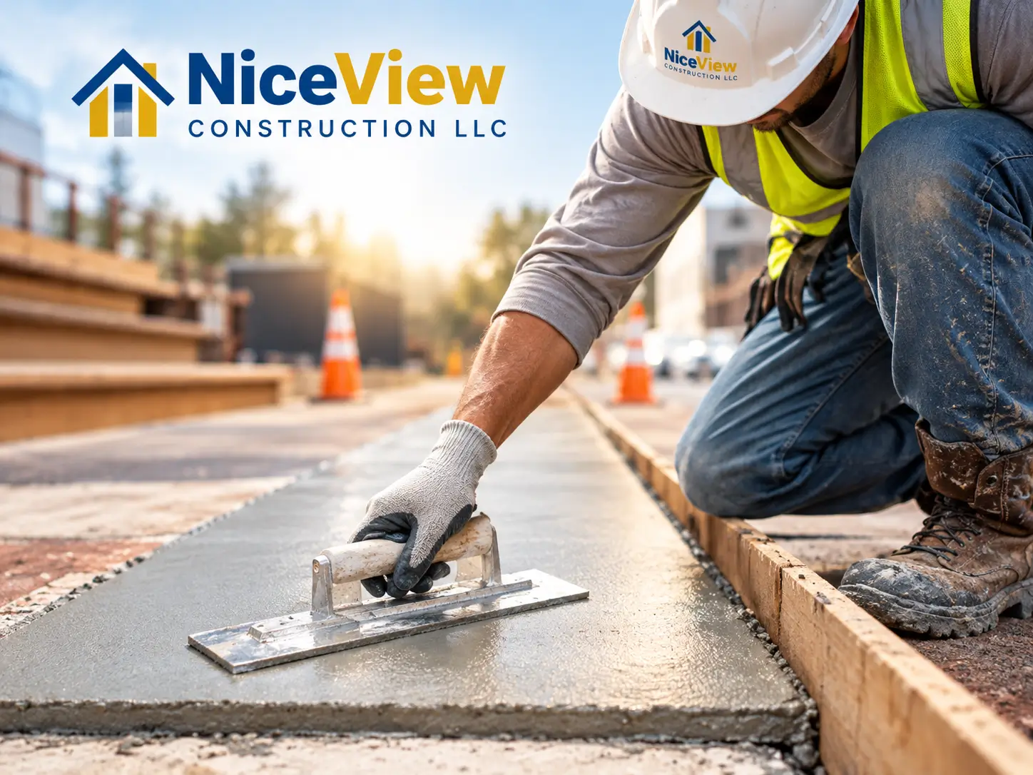 Contractor repairing concrete sidewalk flags in front of a New York City home