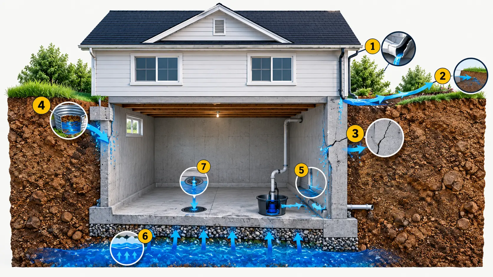 Diagram of a house basement showing seven water entry points: leader, soil slope, wall crack, window well, cove joint, groundwater under the slab and floor drain