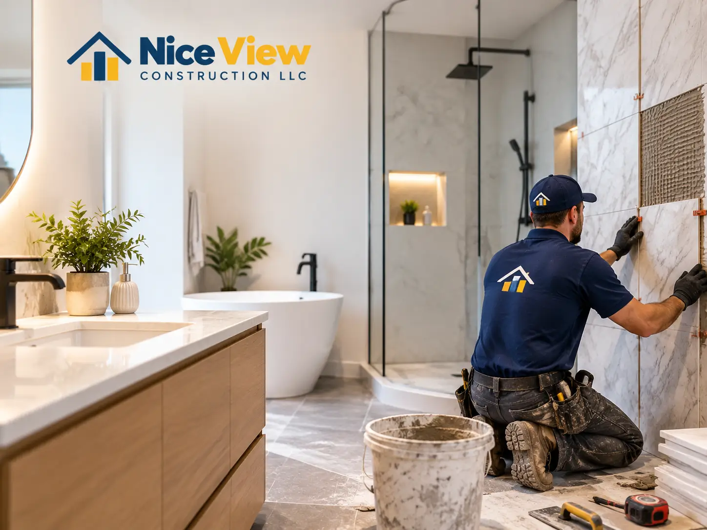 Modern bathroom with tub, vanity and a price tag, illustrating bathroom remodel cost in NYC and the Bronx
